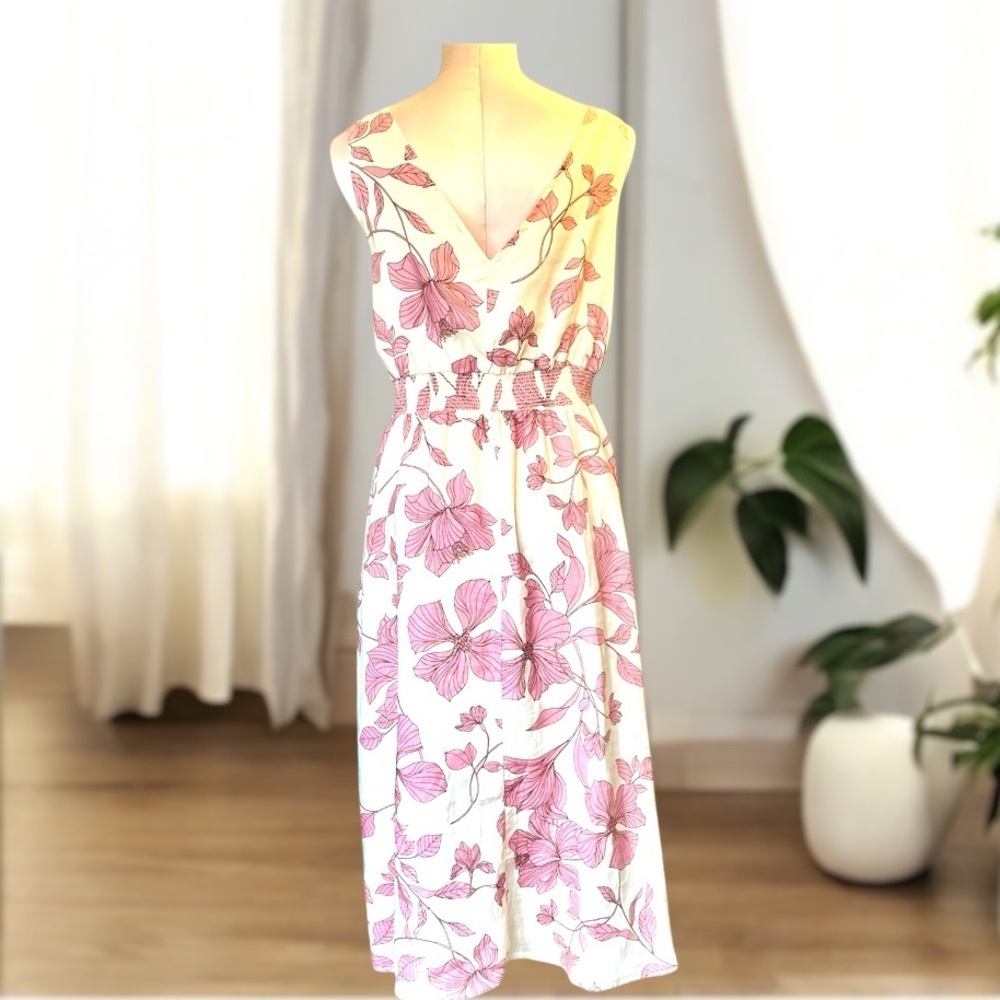 Cynthia Rowley 100% Linen Floral Midi Dress Pink Tan A-Line Size 6 Pockets - Picture 3 of 5